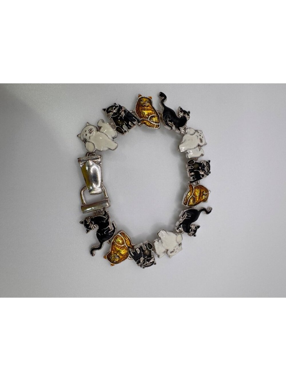 Cat Enamel Link Bracelet Silver Tone Black White Orange Cats Cute Kitschy